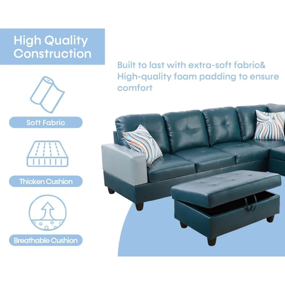 Sectional Couch for Living Room Furniture Set, and Chaise with Storage Ottoman and 3 Pillows
