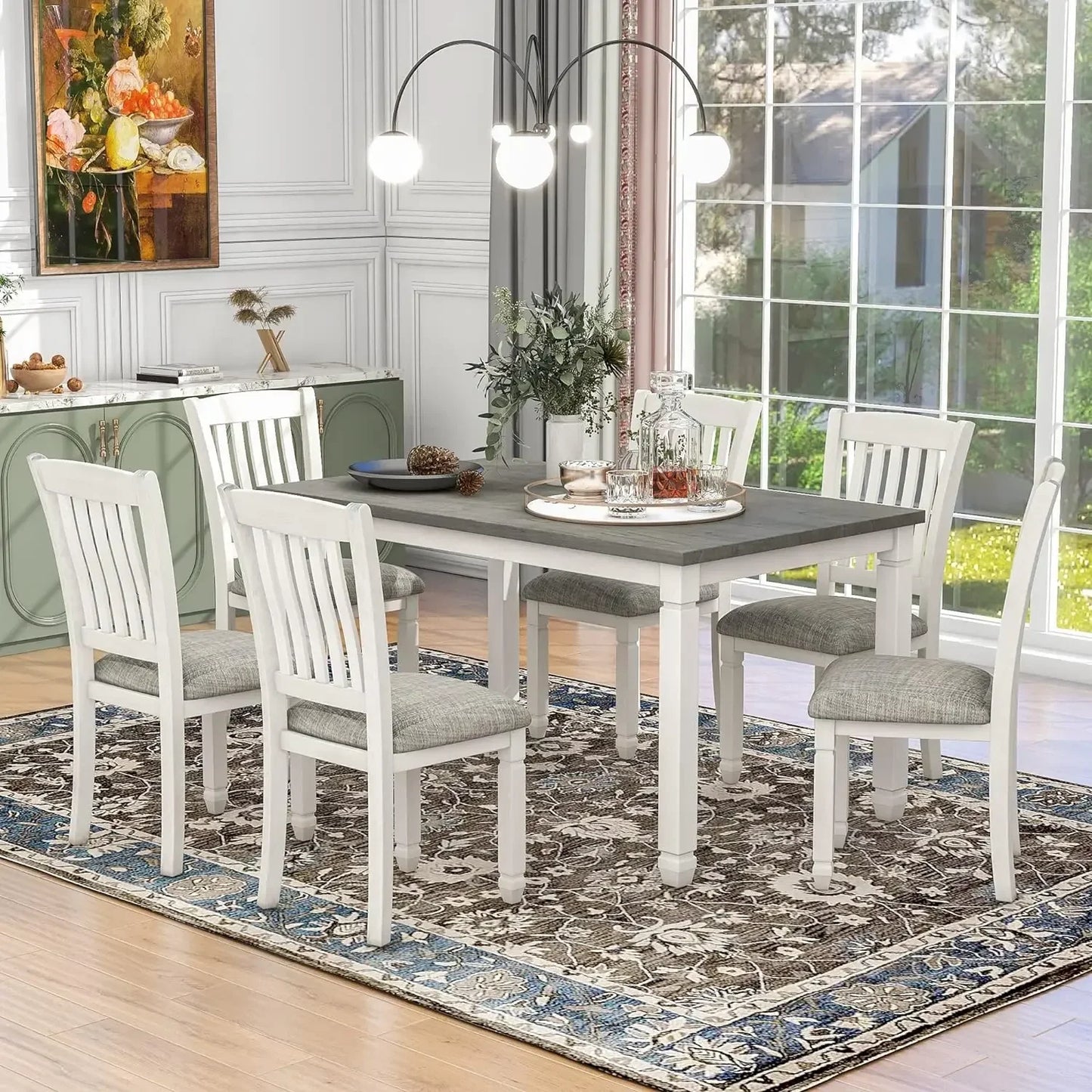 7-Piece Kitchen Dining Table Set for 6, Wood Kitchen Table and 6 Upholstered Chairs with Backrest