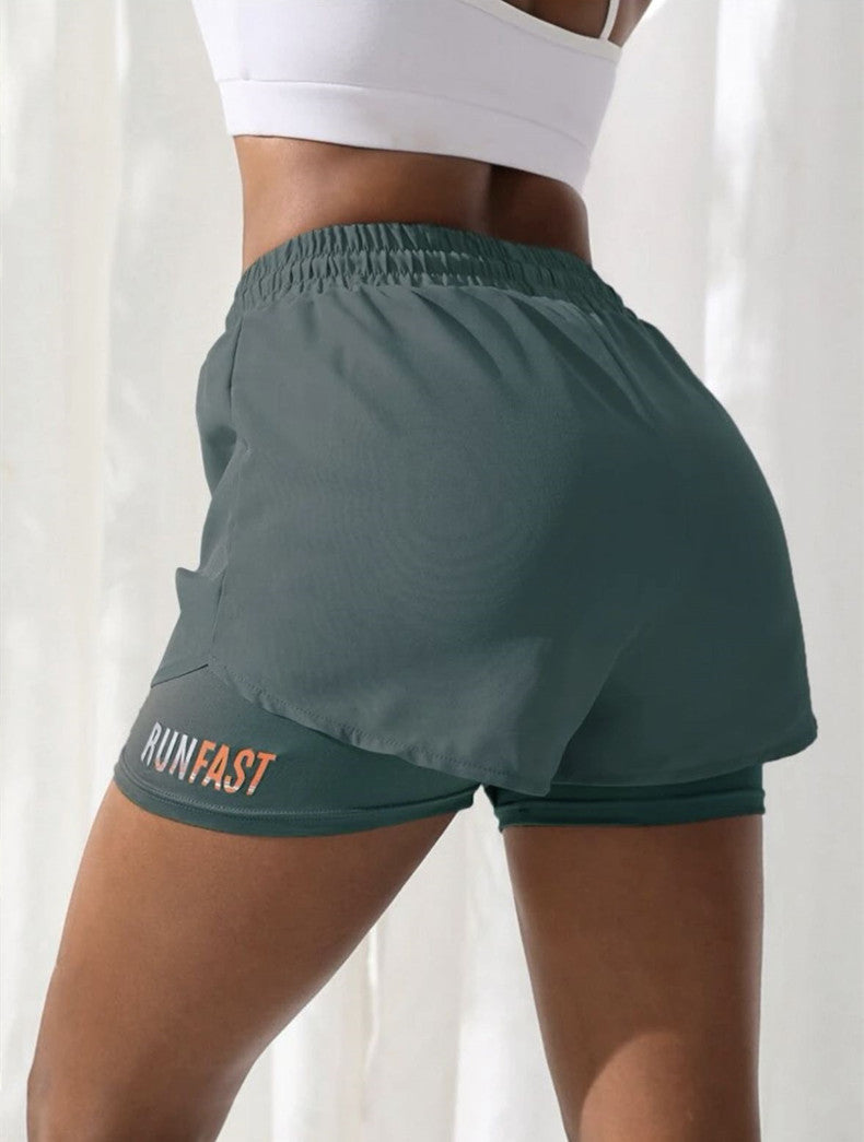 Mermaid Curve Breathable Letter Graphic 2 In 1 Sport Shorts Women Quick Dry Running Shorts Drawstring Waistband Fitness