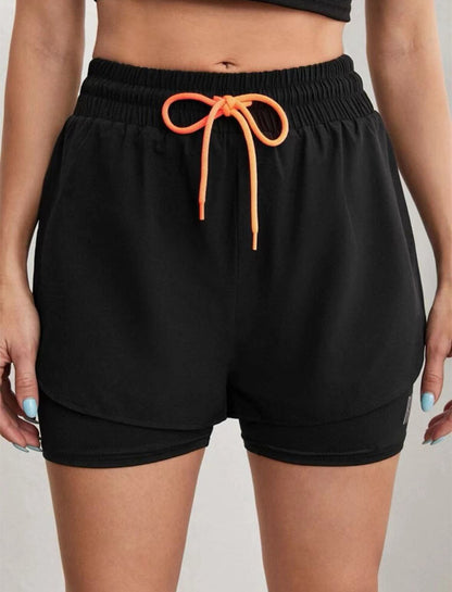 Mermaid Curve Breathable Letter Graphic 2 In 1 Sport Shorts Women Quick Dry Running Shorts Drawstring Waistband Fitness