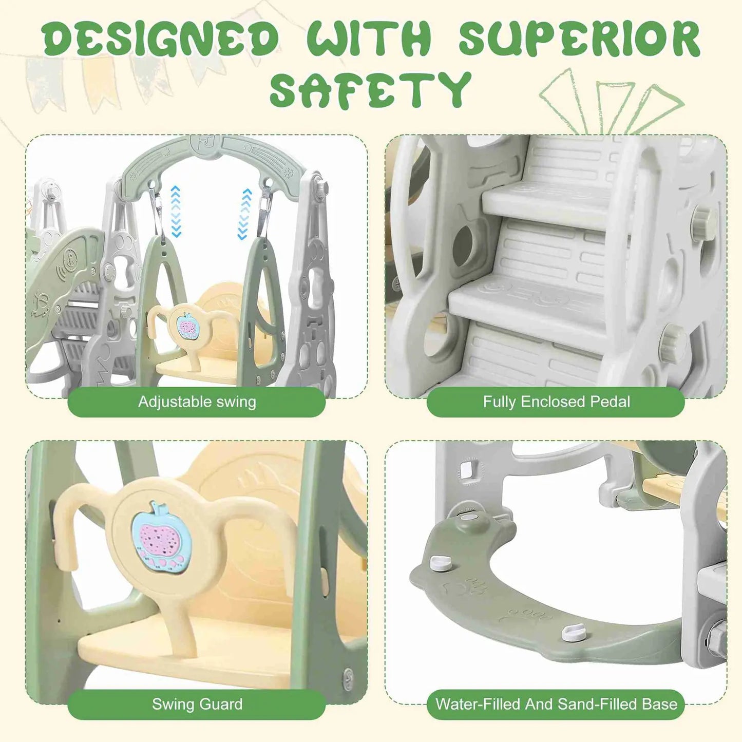 4in1 Slide & swing set Fully Enclosed Pedal Enhanced Safety Easy Set Up Playground