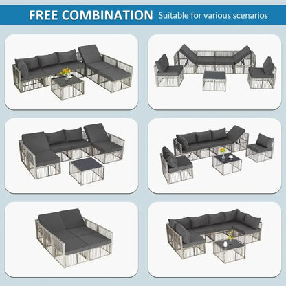 7 Pieces, Wicker Outdoor Sectional Conversation Couch with Adjustable Backrest Sofa.