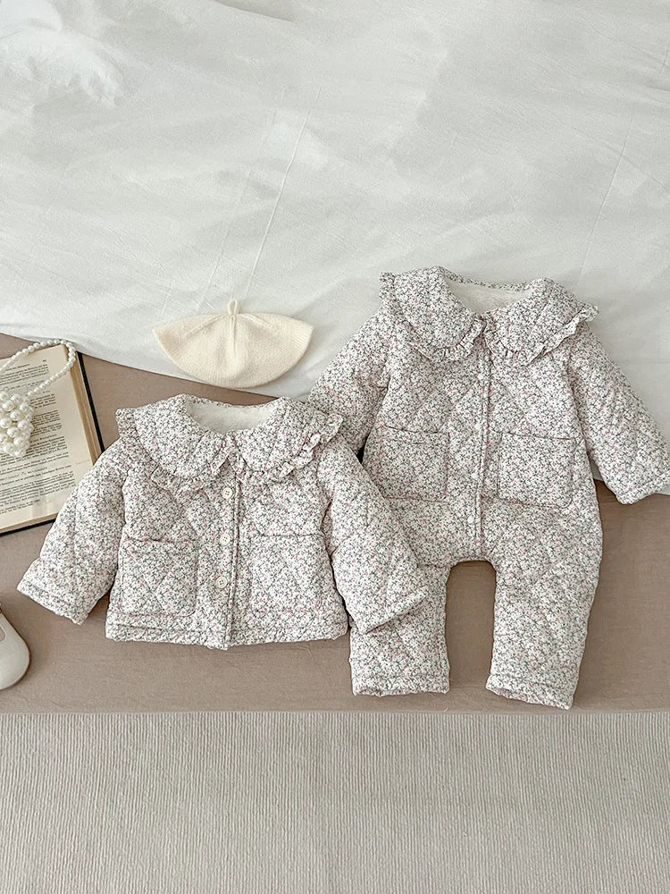 Winter New Baby Girl Warm Coat Cotton Infant Large Lapel Floral Padded Jacket Plus Velvet Thick Kids Cardigan