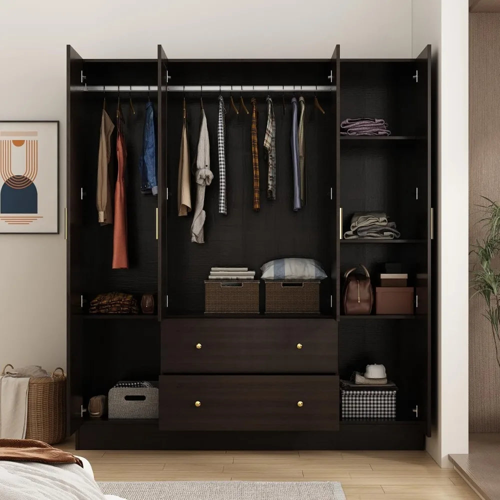 Wooden wardrobe with mirror, 5 shelves, 2 drawers, 2 hangers, and 4 doors,  and storage cabinet in bedroom