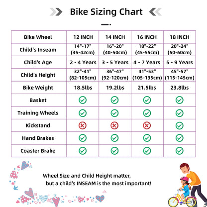 Colorful Girls Bike with Basket & Training Wheels 12 14 16 18 Inch Kids bike
