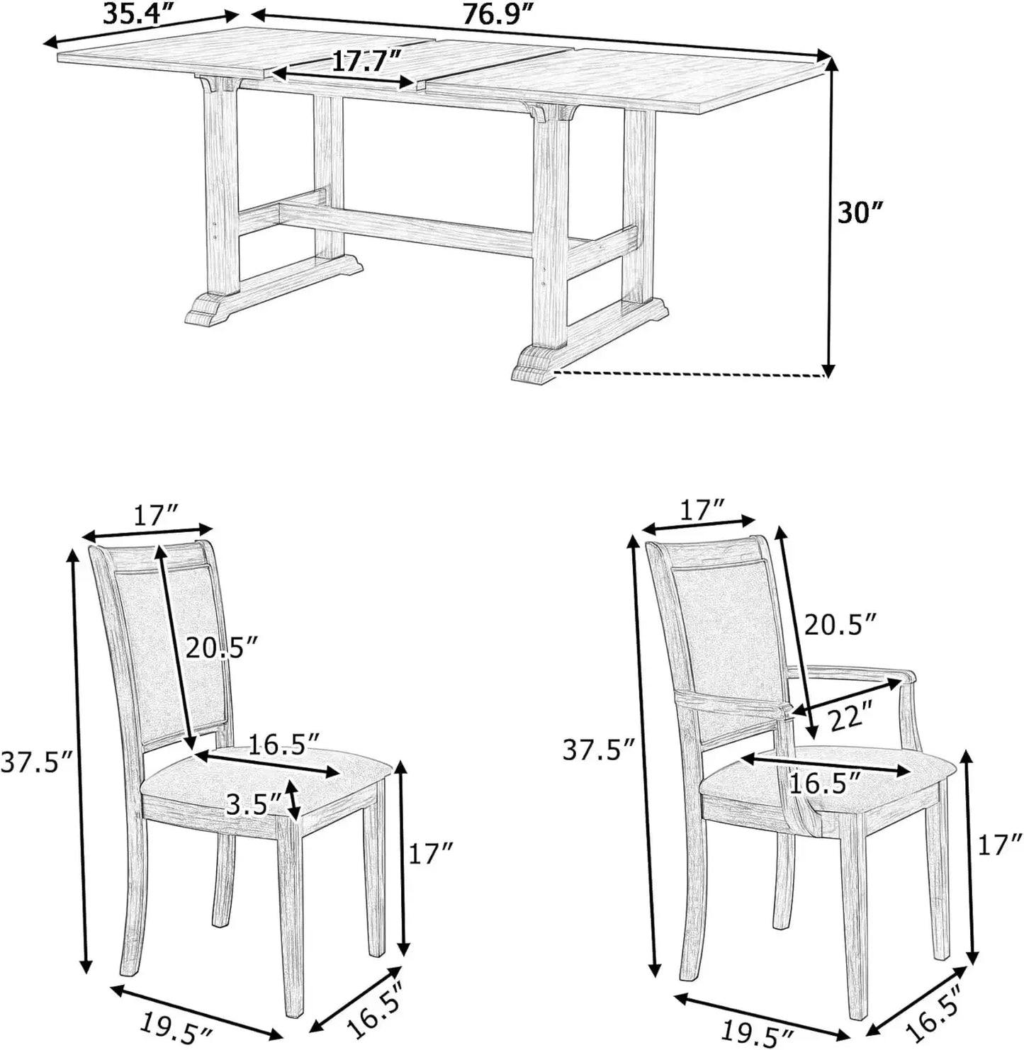 7-Piece Kitchen Dining Table Set for 6, Wood Kitchen Table and 6 Upholstered Chairs with Backrest