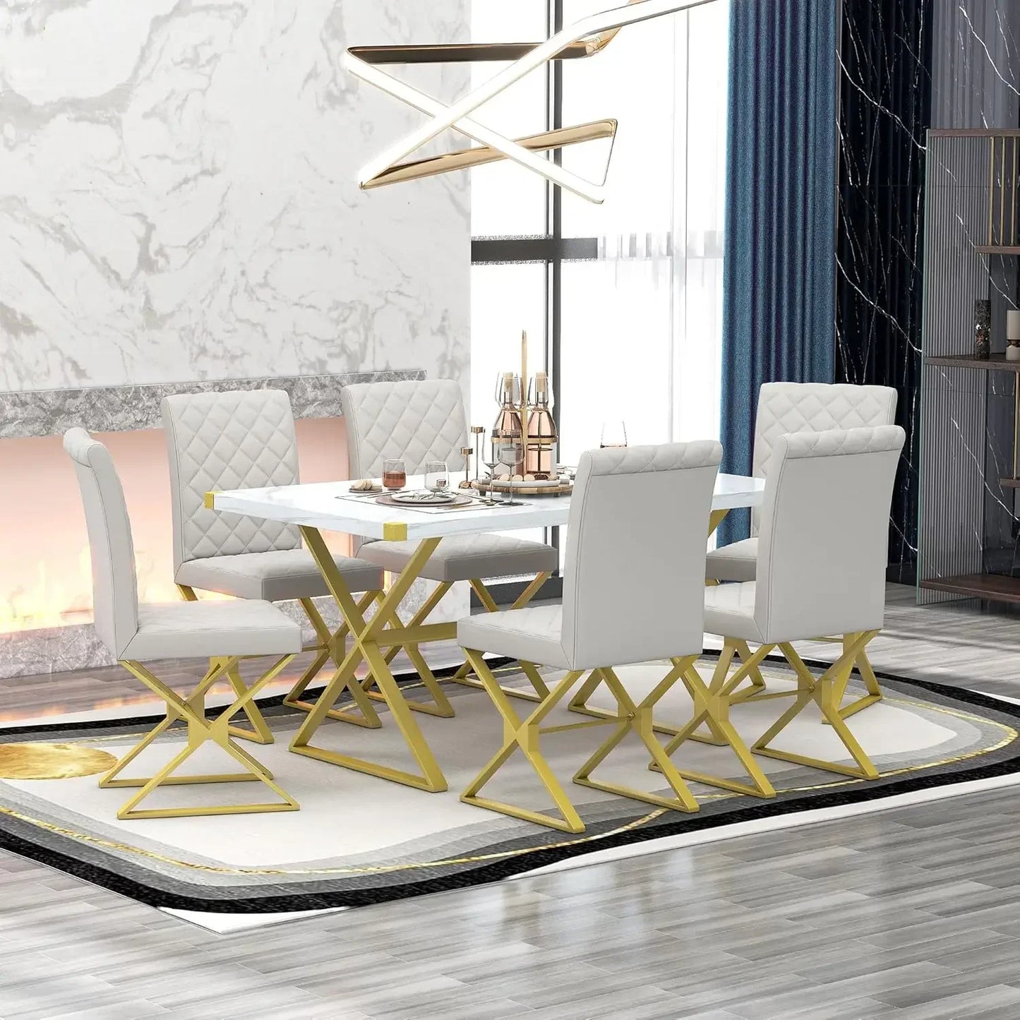 7-Piece Kitchen Dining Table Set for 6, Wood Kitchen Table and 6 Upholstered Chairs with Backrest