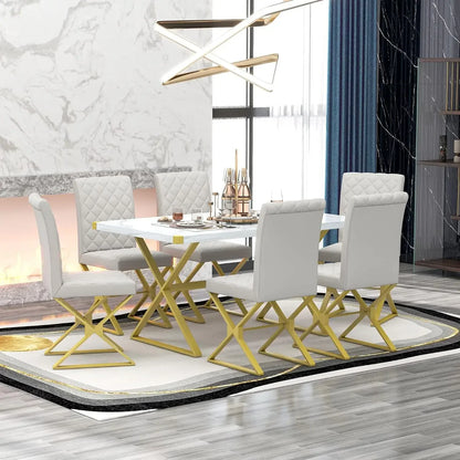 7-Piece Kitchen Dining Table Set for 6, Wood Kitchen Table and 6 Upholstered Chairs with Backrest