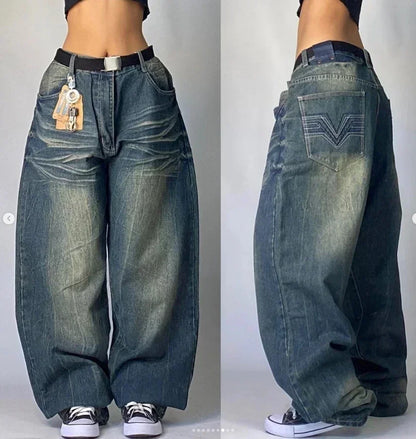 Multi Pocket  Jeans Women Casual Straight Wide-leg Pants Couple Jeans