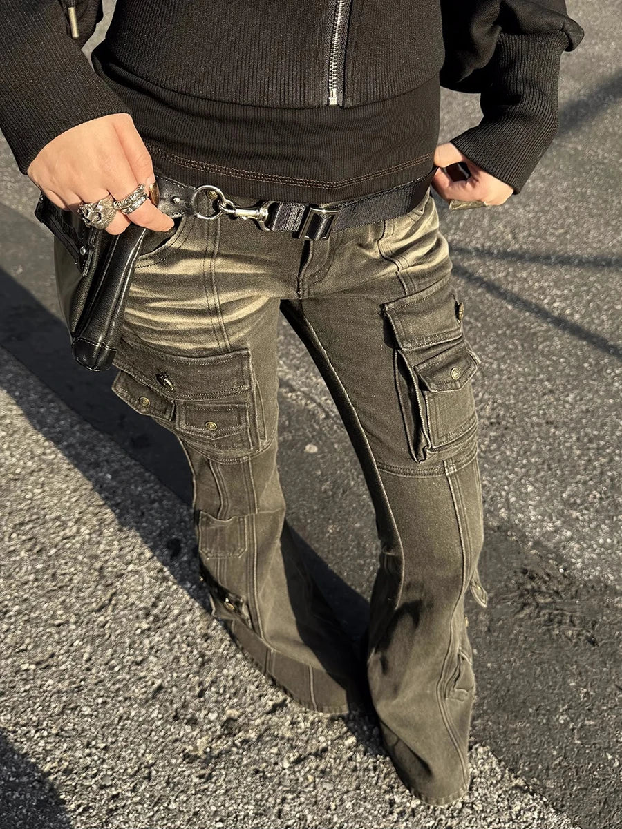 Black Low Waist Cargo Jeans Multi-pocket Stretch Bootcut Pants Women