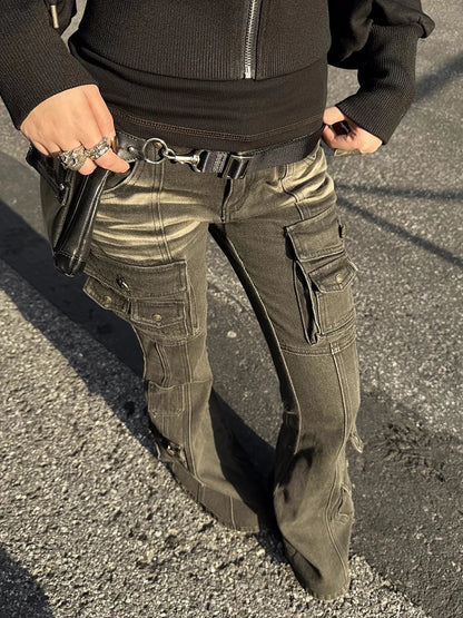 Black Low Waist Cargo Jeans Multi-pocket Stretch Bootcut Pants Women