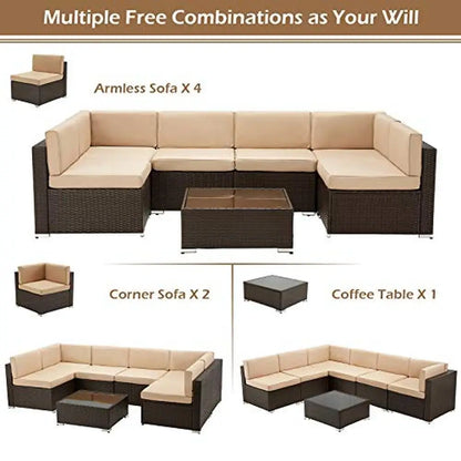 Outdoor Patio Furniture Set 7 Piece Wicker Sofa Sectional Set with Cushions & Tea Table brown
