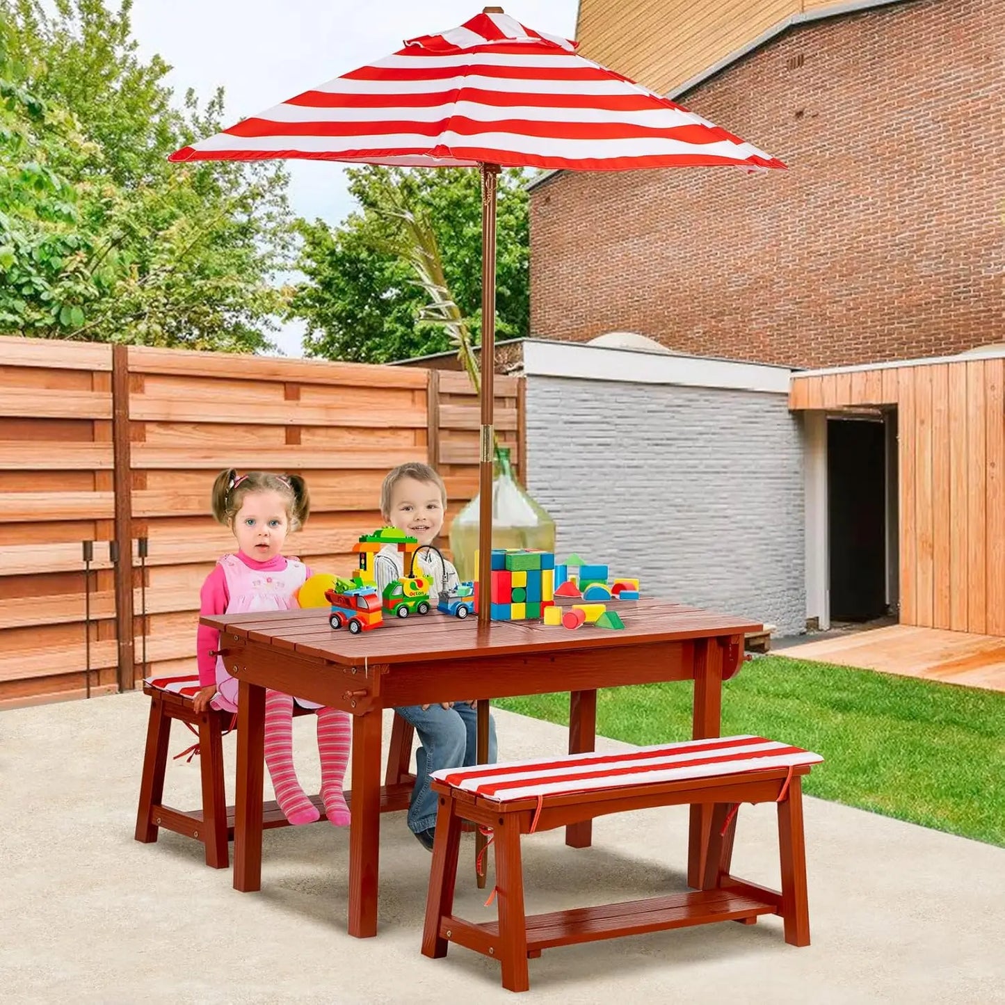 Kids Picnic Table with Umbrella, Outdoor Wooden Table & Bench Set w/Cushions & 2 Removable Boxes, 4-in-1 Children Sand & Water table