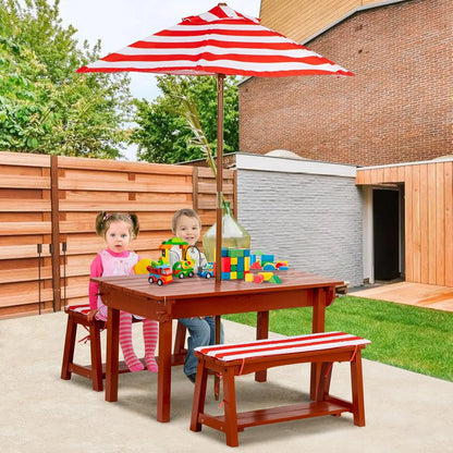 Kids Picnic Table with Umbrella, Outdoor Wooden Table & Bench Set w/Cushions & 2 Removable Boxes, 4-in-1 Children Sand & Water table