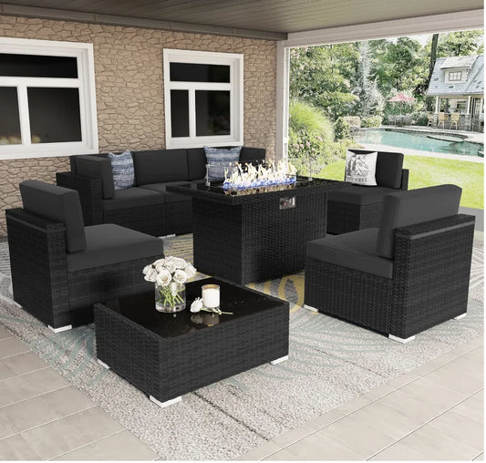 8 Pieces Patio Furniture Set with 44" Propane Gas Fire Pit Table, Outdoor Sectional Wicker Conversation Sofa Sets with Coffee Table