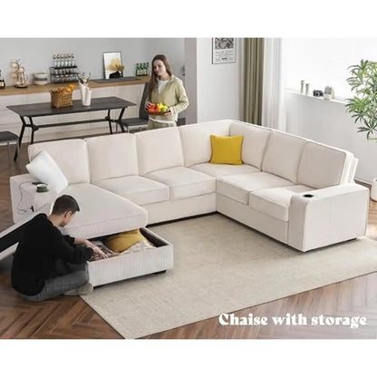Beige Corduroy U Shaped Sofa 7 Seater with USB Ports & Storage , Comfortable