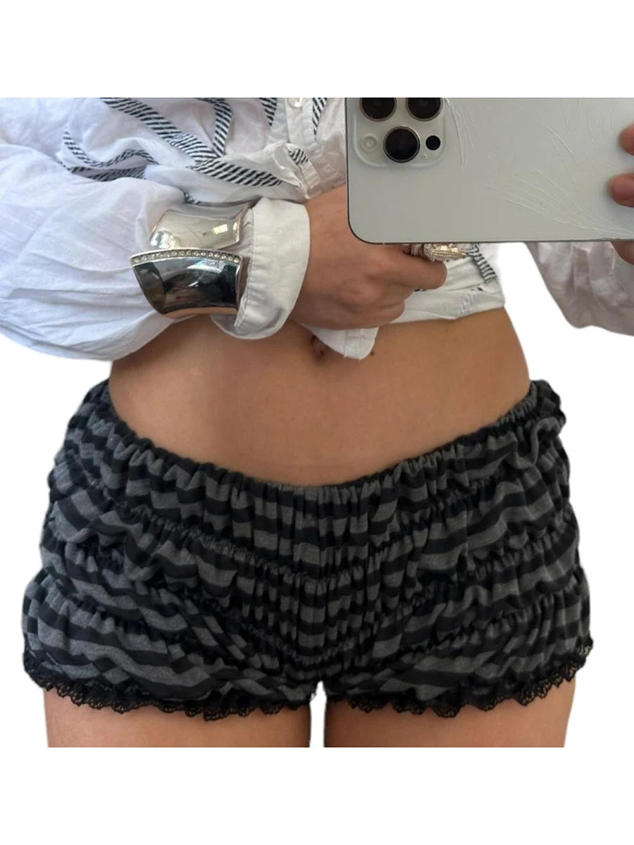 Women s Lace Trim Elastic Waist Pajama Shorts with Ruched Detail.