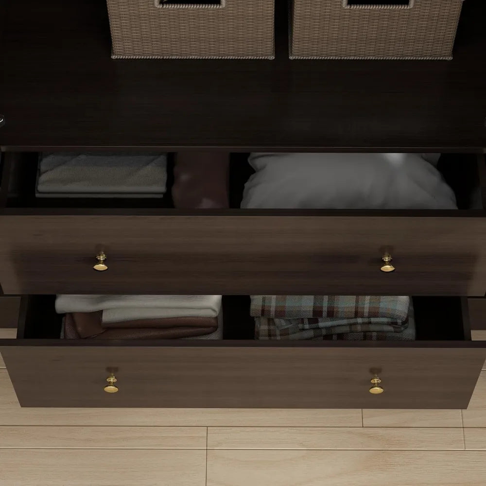 Wooden wardrobe with mirror, 5 shelves, 2 drawers, 2 hangers, and 4 doors,  and storage cabinet in bedroom