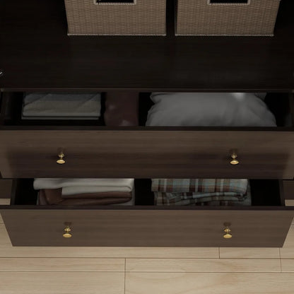 Wooden wardrobe with mirror, 5 shelves, 2 drawers, 2 hangers, and 4 doors,  and storage cabinet in bedroom