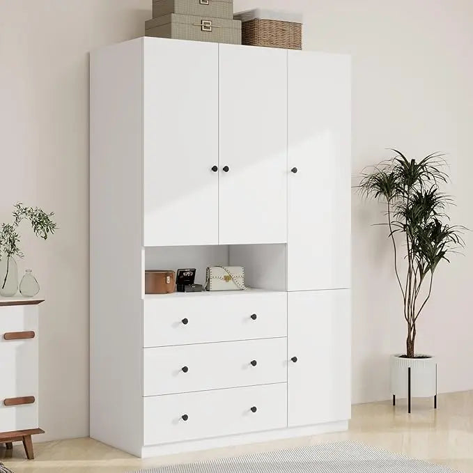 71" H Armoire Wardrobe, 3-Drawer & Shelved Bedroom Armoire with 4 Doors, Mirror & Hanging Rod.