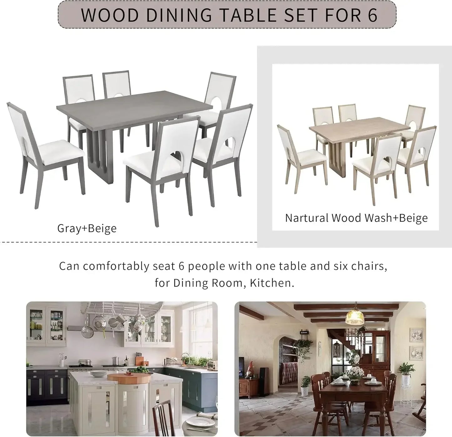 7-Piece Kitchen Dining Table Set for 6, Wood Kitchen Table and 6 Upholstered Chairs with Backrest