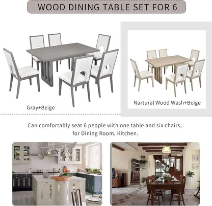 7-Piece Kitchen Dining Table Set for 6, Wood Kitchen Table and 6 Upholstered Chairs with Backrest