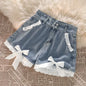 Blue High Waist Denim Shorts with lace for Women