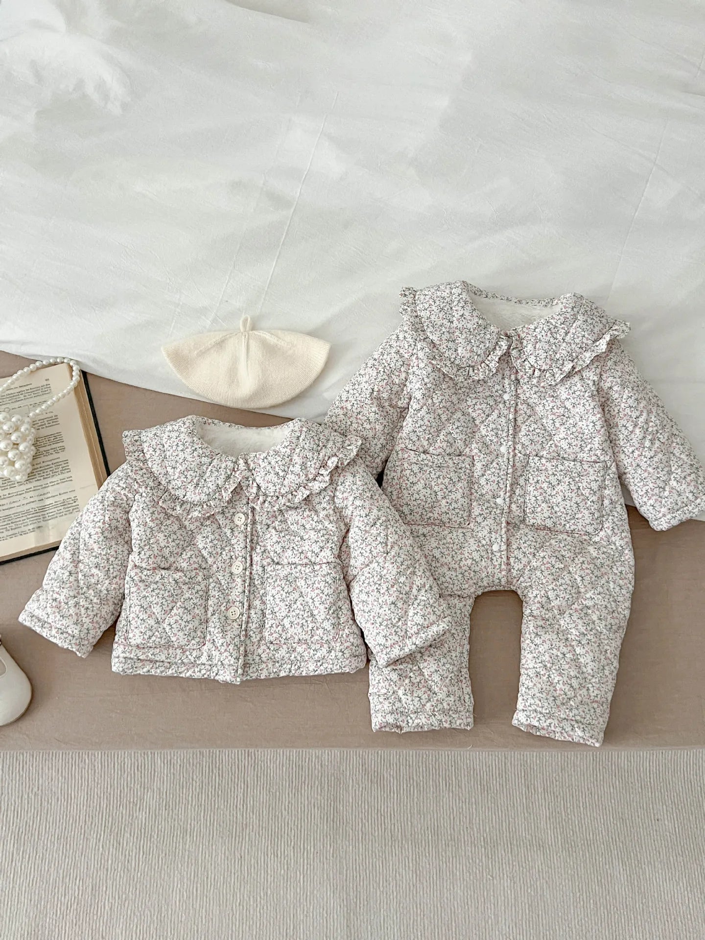 Winter New Baby Girl Warm Coat Cotton Infant Large Lapel Floral Padded Jacket Plus Velvet Thick Kids Cardigan