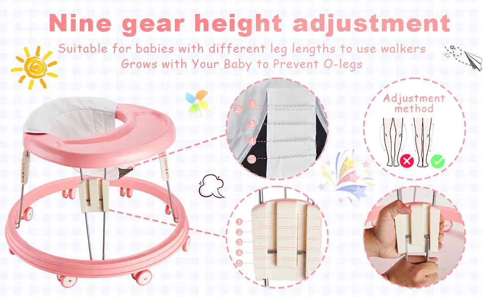 Baby Walker, Foldable Multi-Function Anti-Rollover Walker with Brake Design, 5 Level Height Adjustable