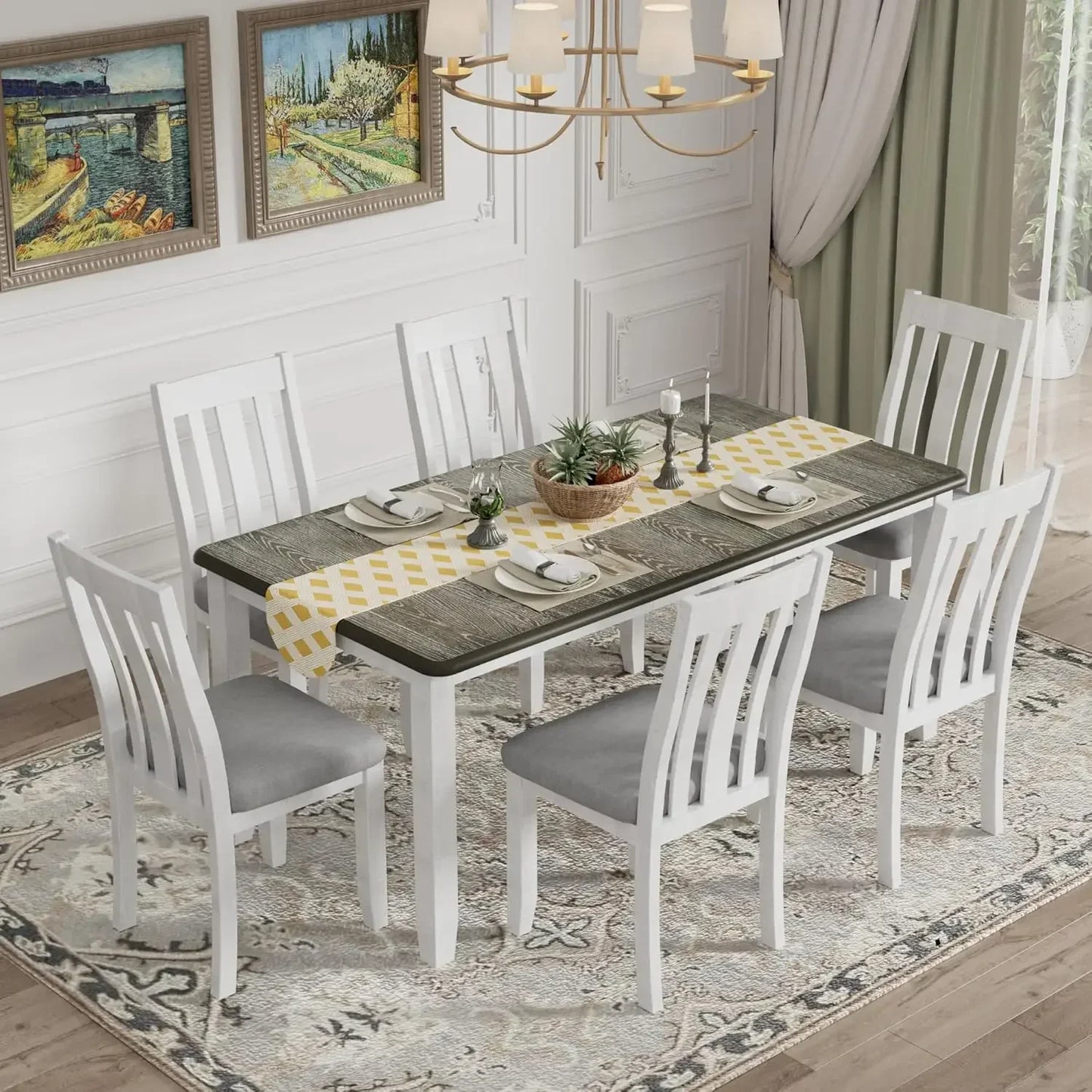 7-Piece Kitchen Dining Table Set for 6, Wood Kitchen Table and 6 Upholstered Chairs with Backrest