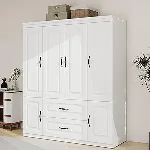 71" H Armoire Wardrobe, 3-Drawer & Shelved Bedroom Armoire with 4 Doors, Mirror & Hanging Rod.