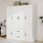 71" H Armoire Wardrobe, 3-Drawer & Shelved Bedroom Armoire with 4 Doors, Mirror & Hanging Rod.