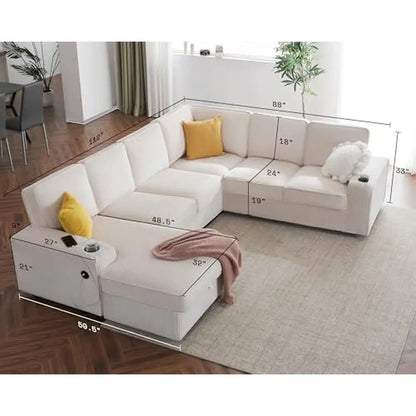 Beige Corduroy U Shaped Sofa 7 Seater with USB Ports & Storage , Comfortable