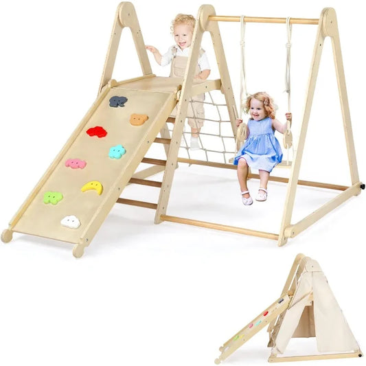 7-in-1 Indoor Jungle Gym, Climbing Set with Adjustable Swing & Secret Base Playground, for Toddlers with Net, Ladder