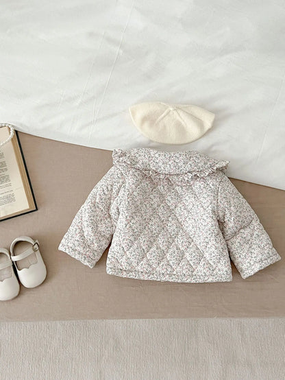 Winter New Baby Girl Warm Coat Cotton Infant Large Lapel Floral Padded Jacket Plus Velvet Thick Kids Cardigan