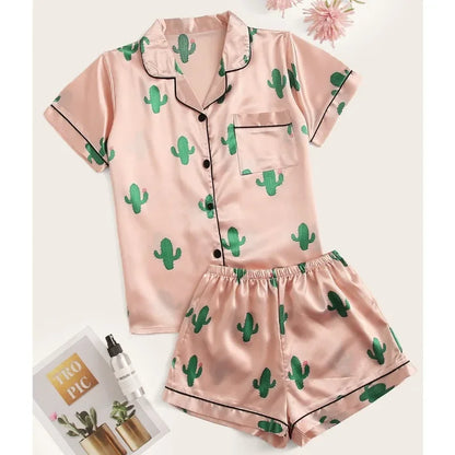 Women's Pajama Two Piece Set Summer Leopard Print Short Sleeve Top Shorts Satin Pajama Set