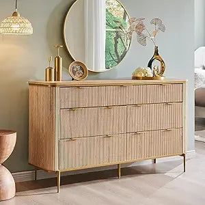 Fluted 7 Drawers Dresser for Bedroom, 54" Wide Modern Dresser TV Stand, Gold Accents, Fluted Fronts, Wood Storage Dressers