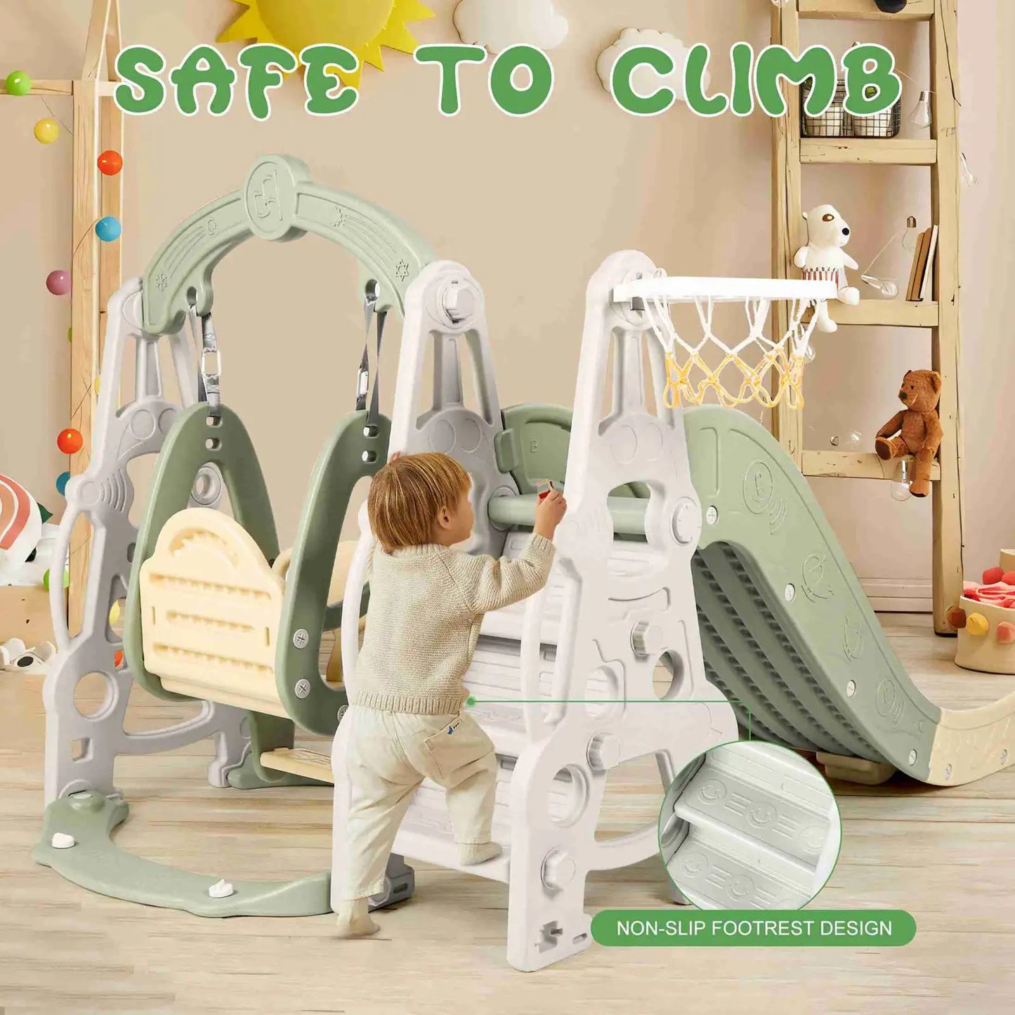 4in1 Slide & swing set Fully Enclosed Pedal Enhanced Safety Easy Set Up Playground
