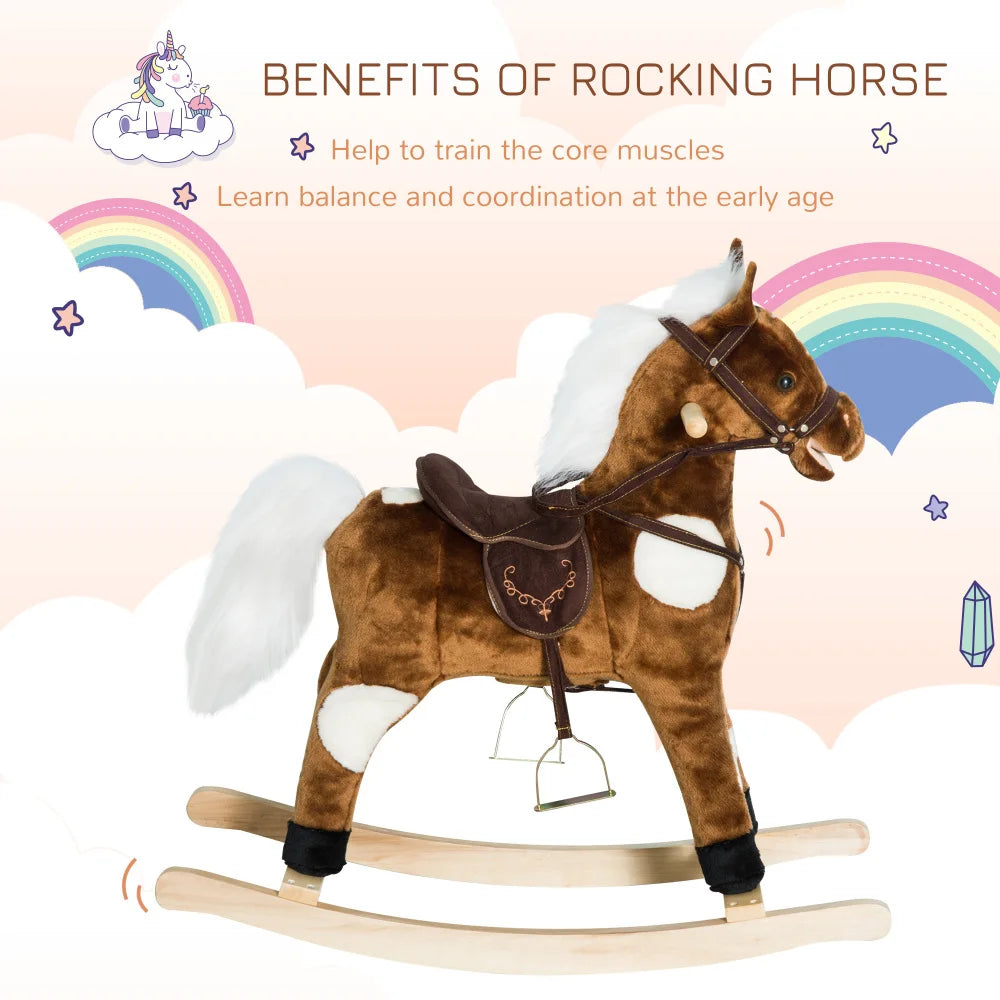 Kids Metal Plush Ride-On Rocking Horse Chair Toy With Nursery Rhyme Music - Dark Brown