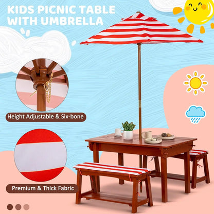 Kids Picnic Table with Umbrella, Outdoor Wooden Table & Bench Set w/Cushions & 2 Removable Boxes, 4-in-1 Children Sand & Water table