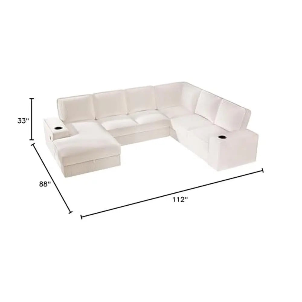 Beige Corduroy U Shaped Sofa 7 Seater with USB Ports & Storage , Comfortable