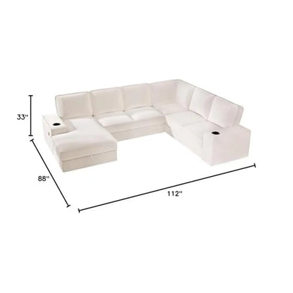 Beige Corduroy U Shaped Sofa 7 Seater with USB Ports & Storage , Comfortable