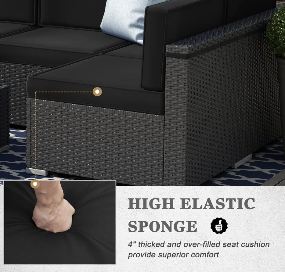 8 Pieces Patio Furniture Set with 44" Propane Gas Fire Pit Table, Outdoor Sectional Wicker Conversation Sofa Sets with Coffee Table