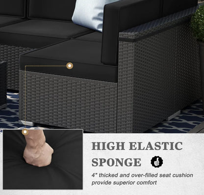 8 Pieces Patio Furniture Set with 44" Propane Gas Fire Pit Table, Outdoor Sectional Wicker Conversation Sofa Sets with Coffee Table