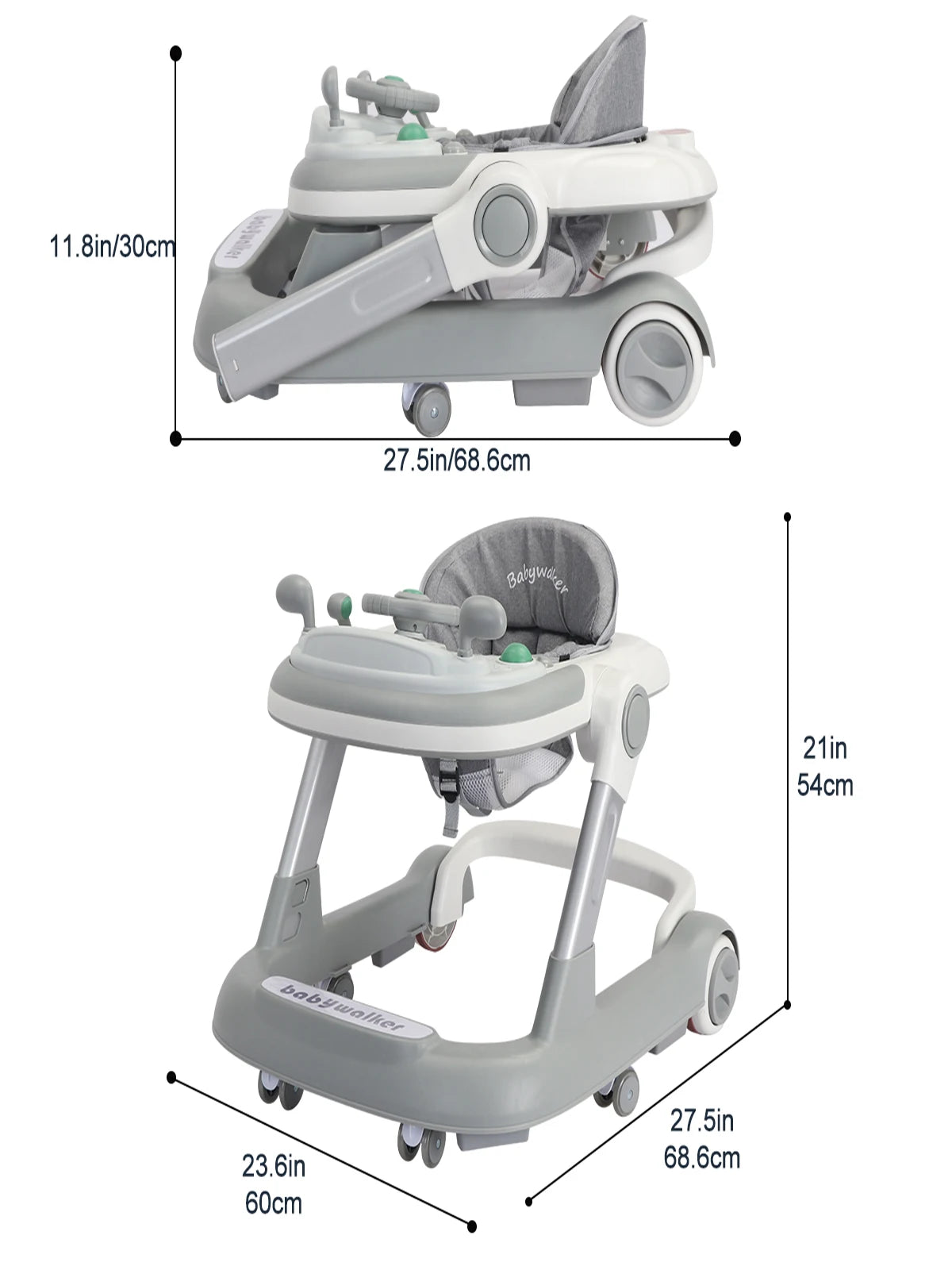 Push Walker with Detachable Feeding and Music Trays, Foldable Learning Toys, 2 In 1 Walker