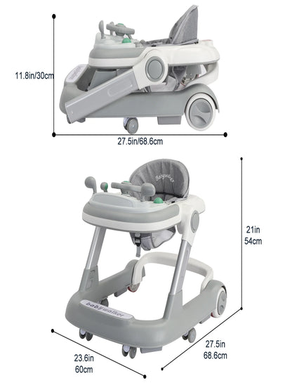 Push Walker with Detachable Feeding and Music Trays, Foldable Learning Toys, 2 In 1 Walker