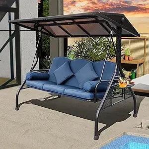 Outdoor Porch Swing with Polycarbonate Hardtop, 3 Seat Patio Swing with Convertible Backrest, 2 Side Cup Holder, Thickened Cush