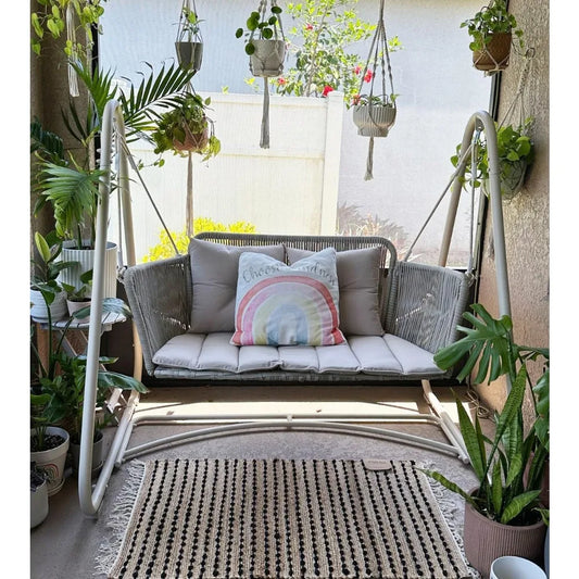 2-Seat Cloud Swing Chair with Stand, Patio Wicker Bench Glider Loveseat Hanging Swing