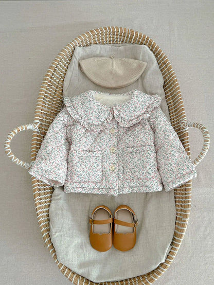 Winter New Baby Girl Warm Coat Cotton Infant Large Lapel Floral Padded Jacket Plus Velvet Thick Kids Cardigan