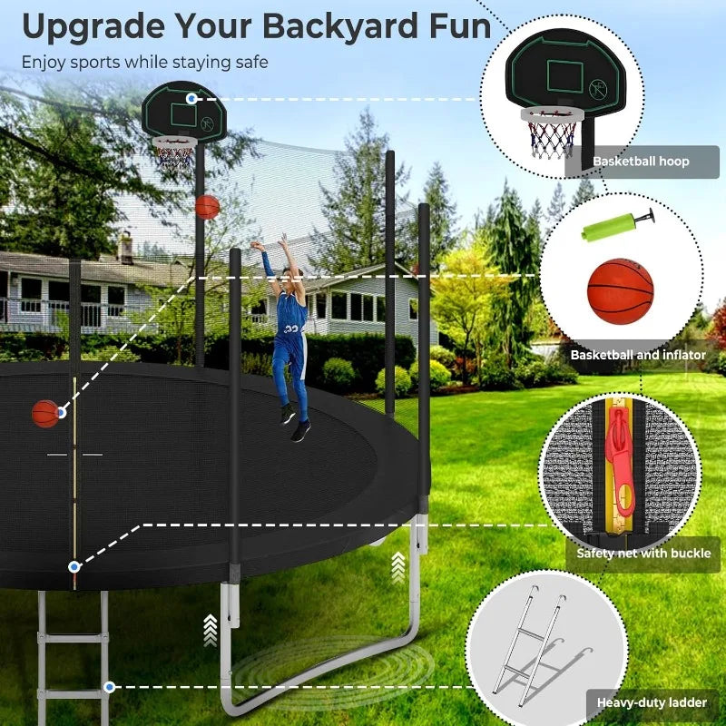 Trampoline Outdoor, Large Kids Trampoline with Light, Stakes, Sprinkler